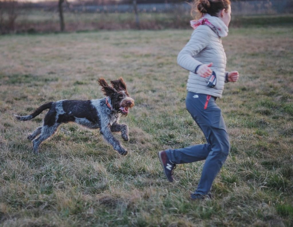 Woman running with a playful dog in an open field during daytime.